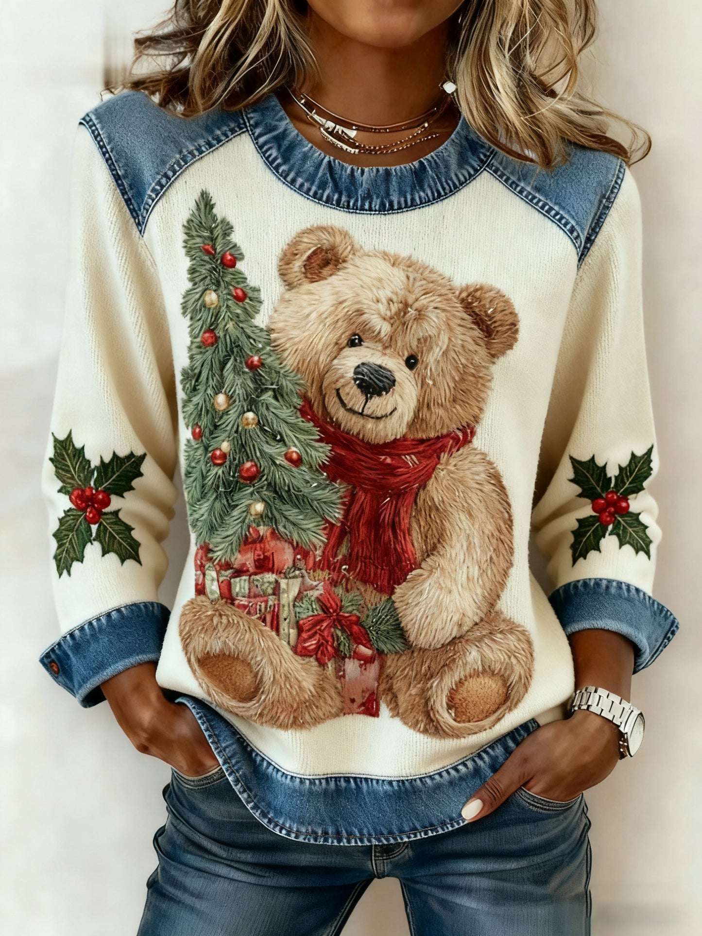 Les femmes de Noël Vintage Ours Arbre Denim Patchwork Sweatshirt