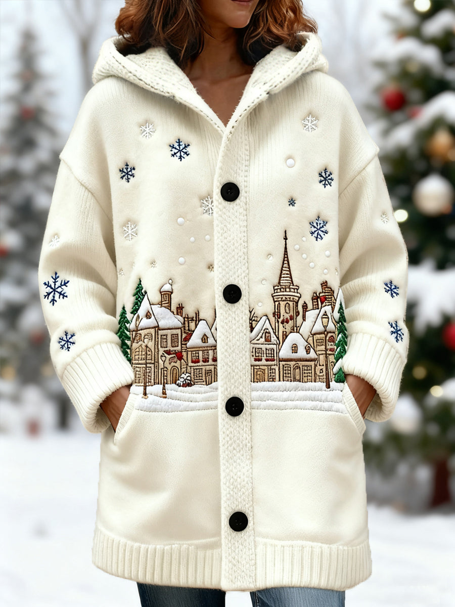 Vintage Noël neige Scene Print Casual Hooded Cardigan Femme