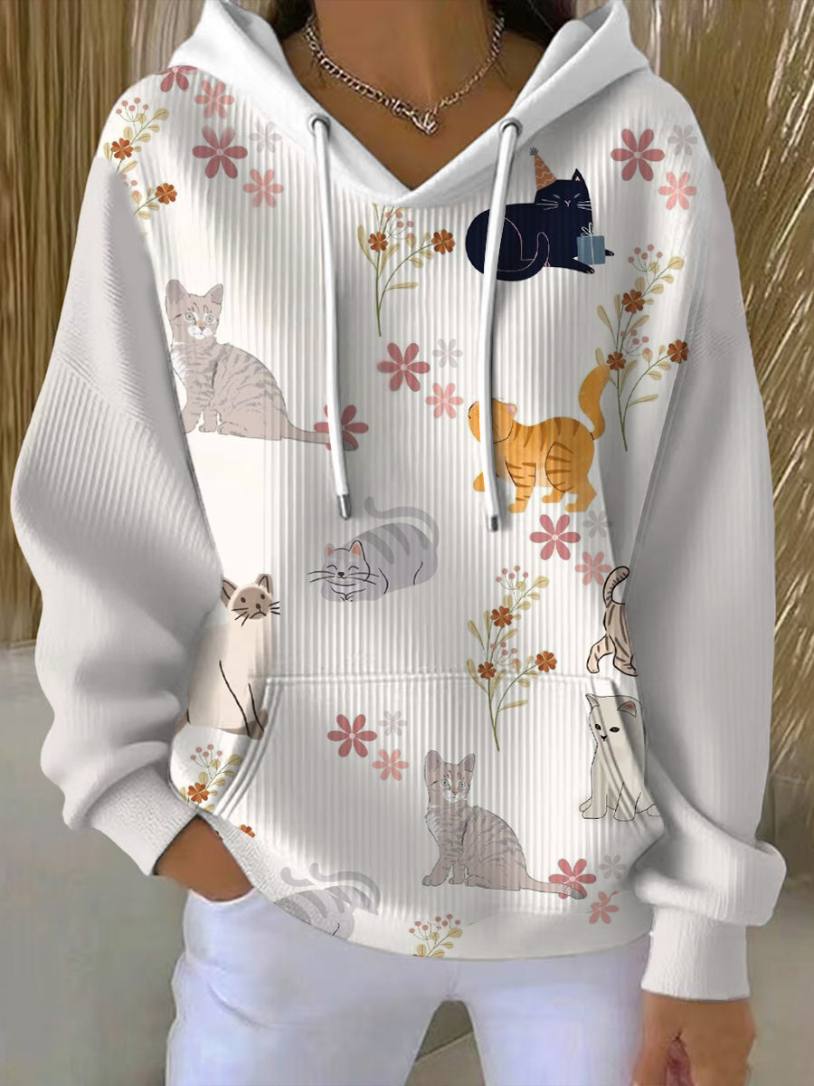 Sweat à Capuche Charmant Imprimé Chat Floral Femme
