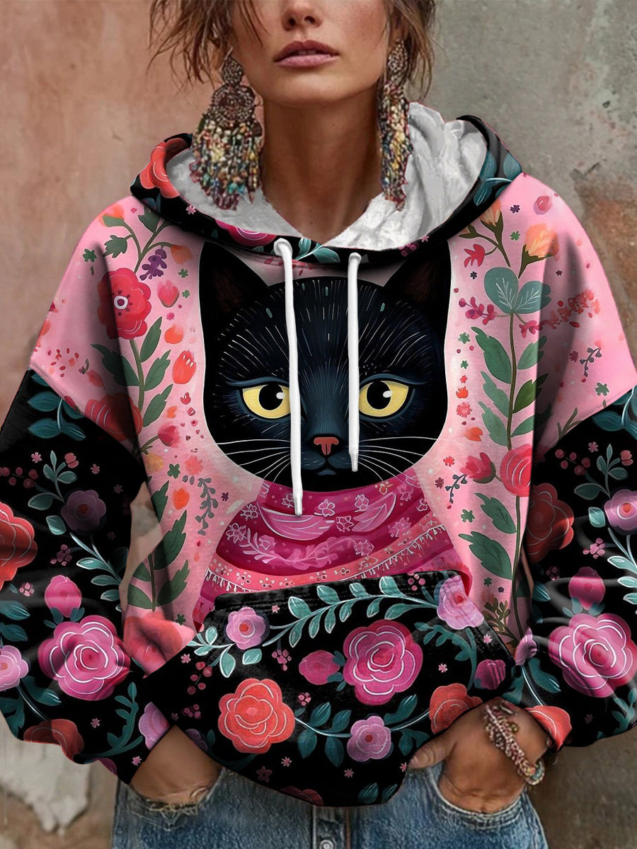 Sweat à capuche imprimé floral chat pour femmes
