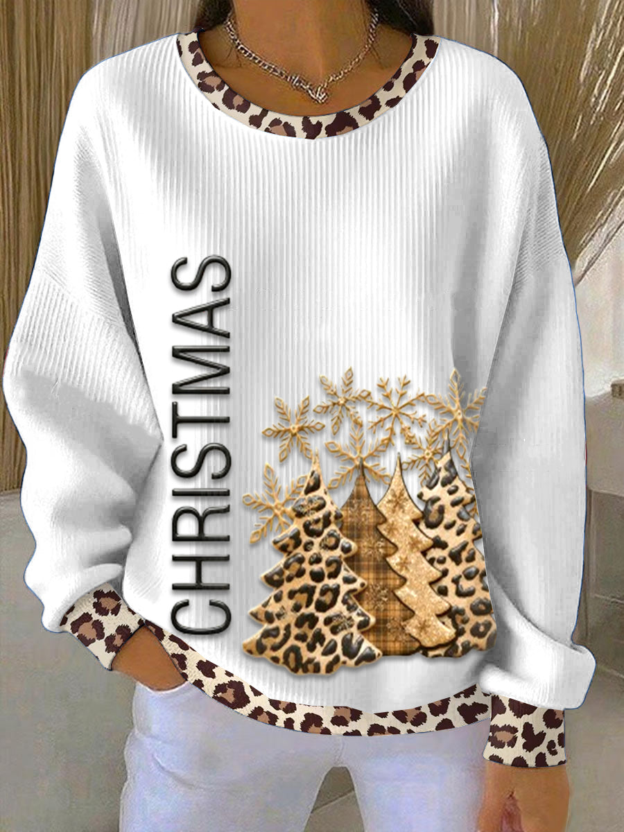 Pull Femme Blanc Motif Léopard De Noël Coupe ample Crewneck