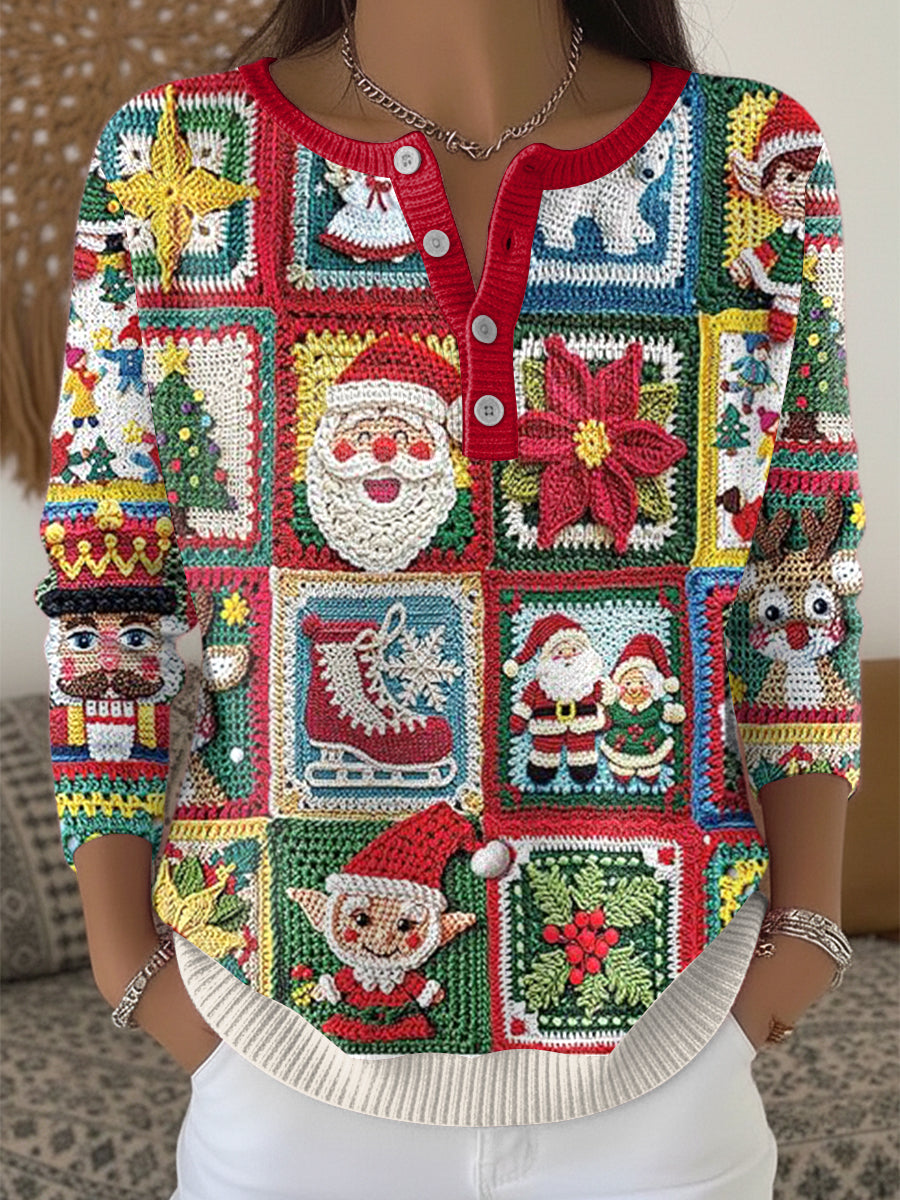 Chandail mignon de cou de Henley de patchwork de Noël des femmes