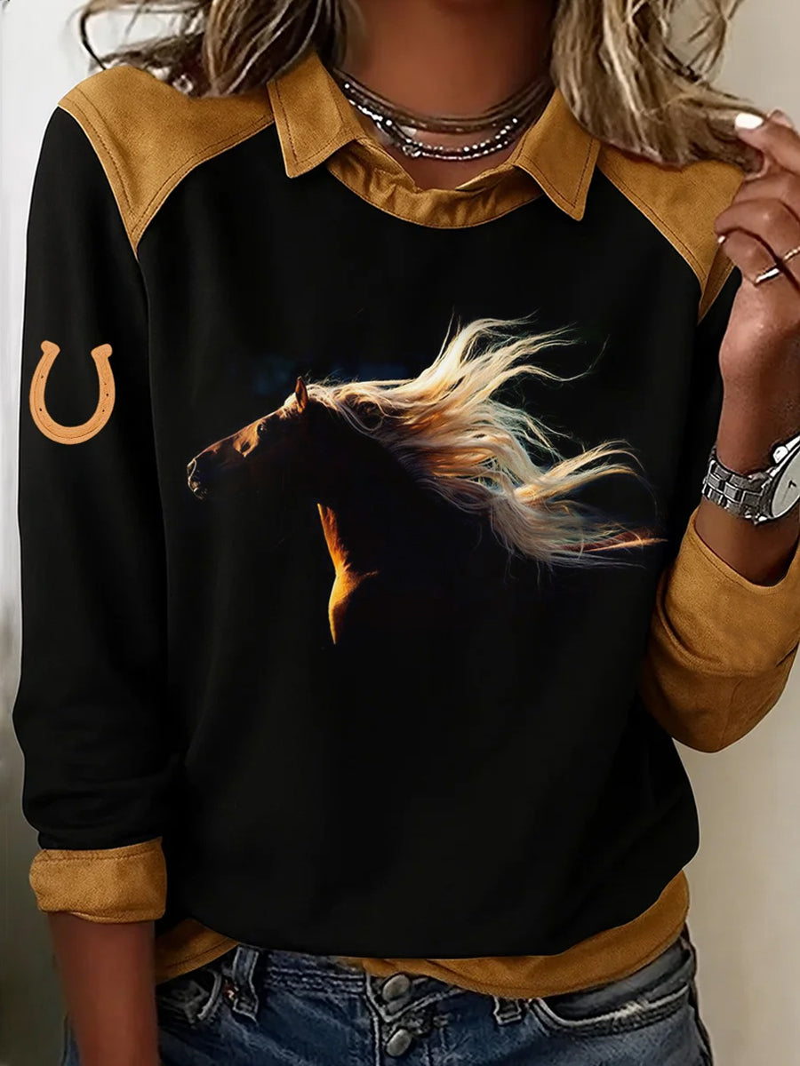 Retro Horse Print Horse Lovers Sweat-shirt décontracté pour femmes