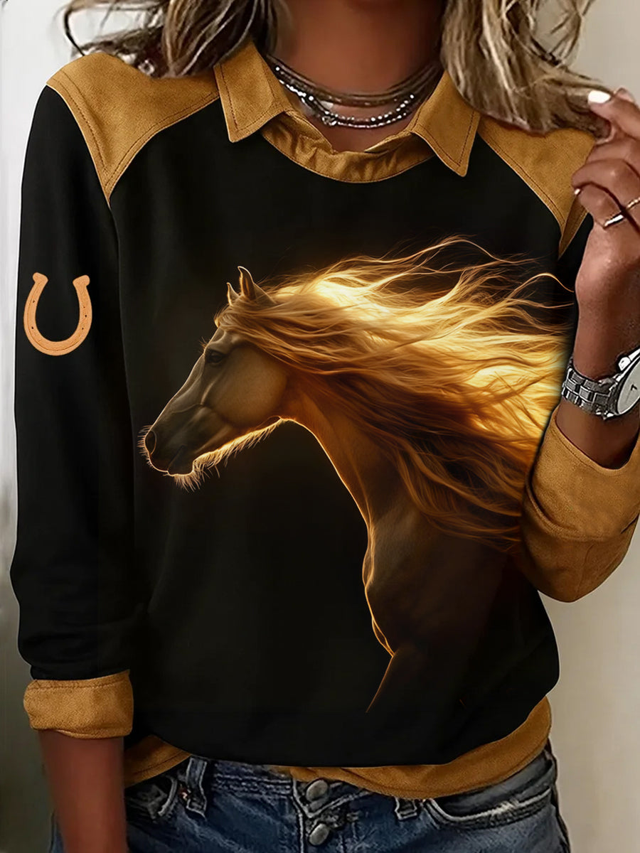 Retro Horse Print Horse Lovers Sweat-shirt décontracté pour femmes