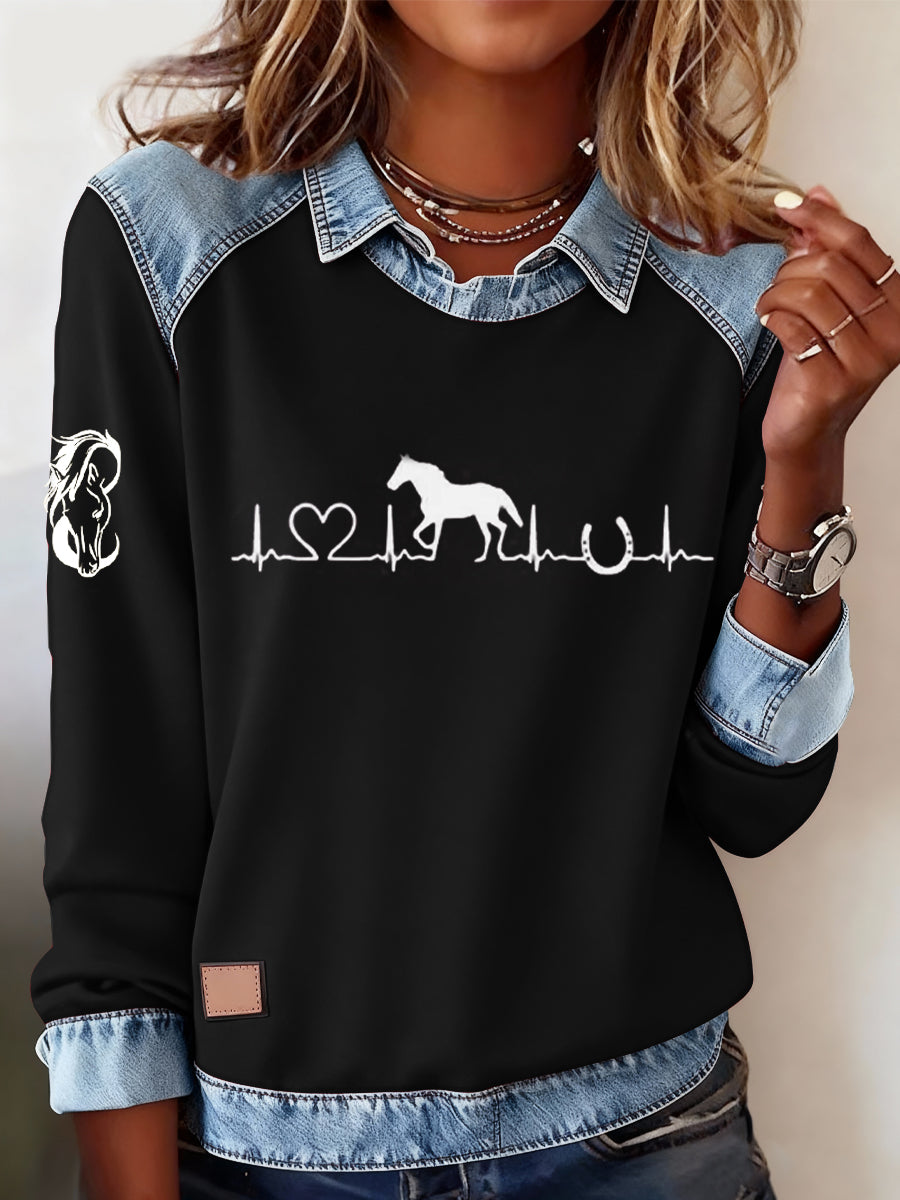 Retro Horse Print Horse Lovers Sweat-shirt décontracté pour femmes