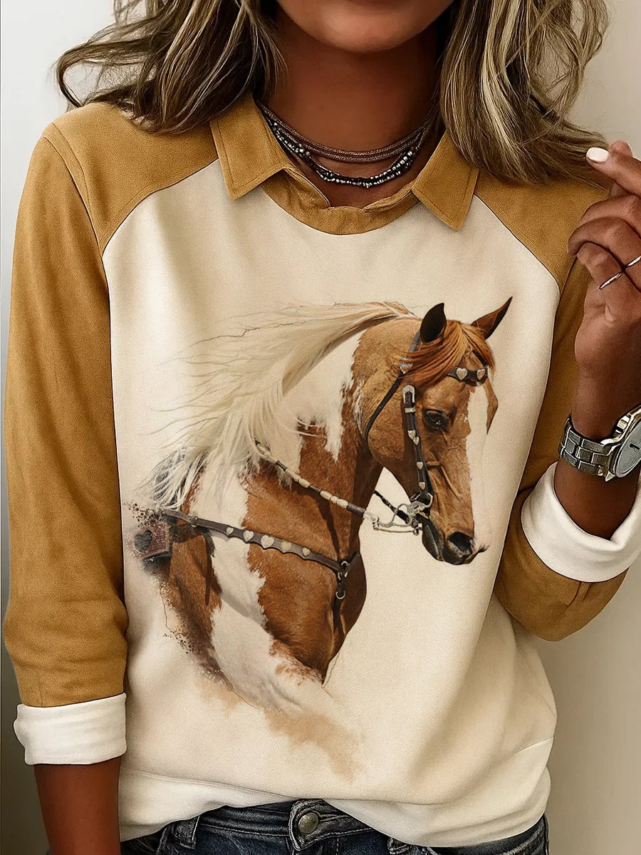 Retro Horse Print Horse Lovers Sweat-shirt décontracté pour femmes
