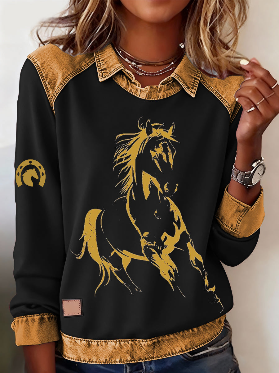 Retro Horse Print Horse Lovers Sweat-shirt décontracté pour femmes