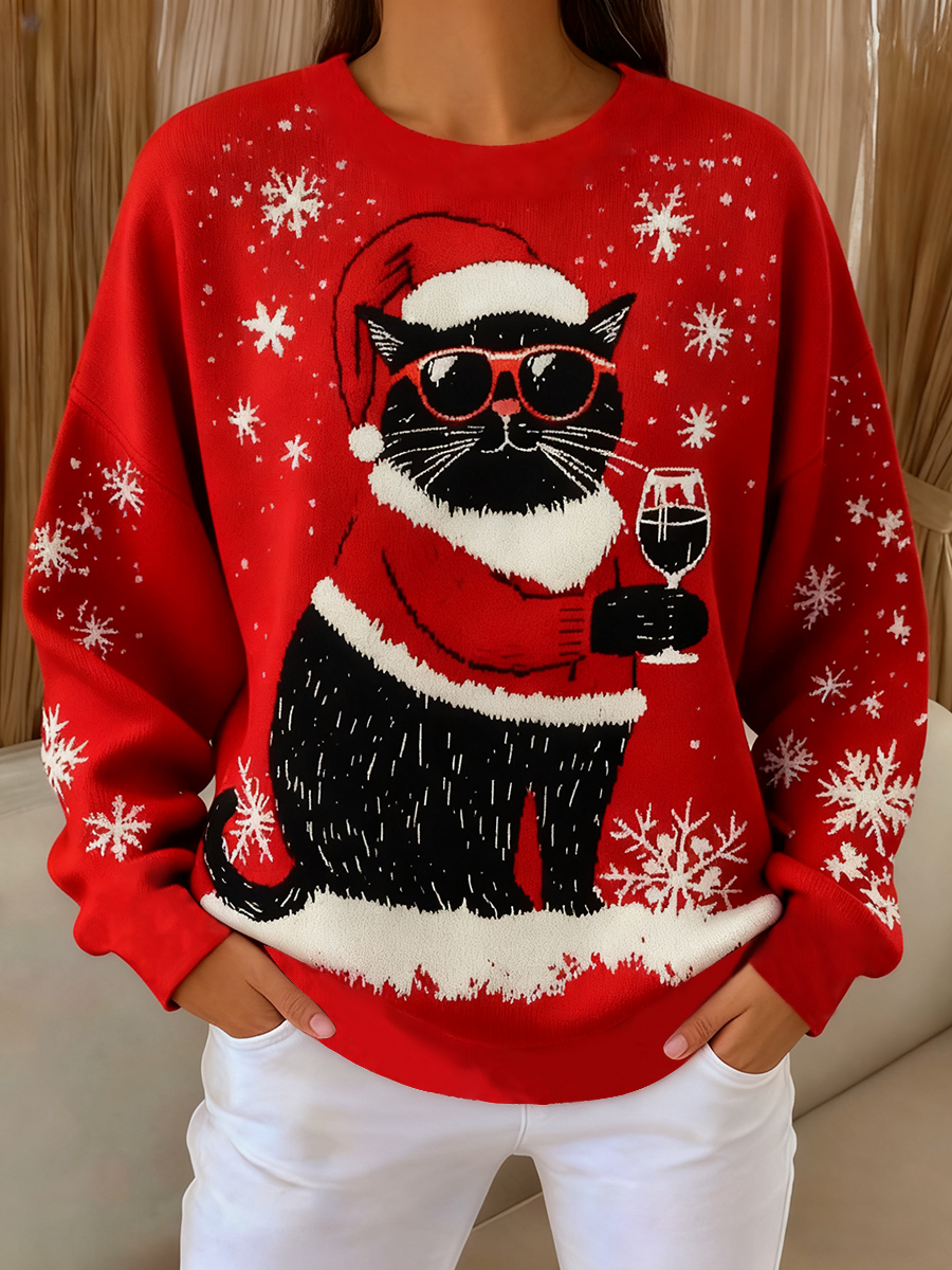 Sweat-shirt Femme Vintage Noël Chat Noir Imprimé