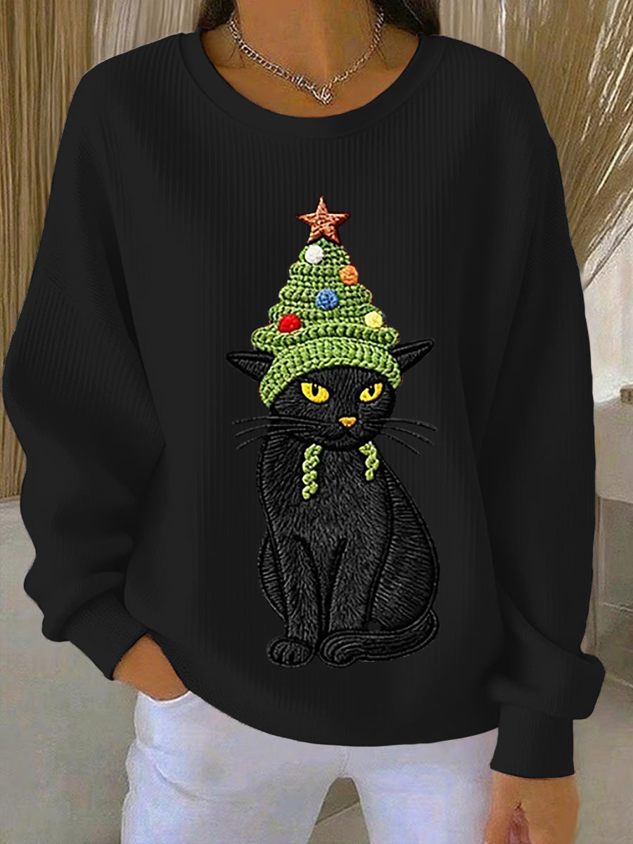 Arbre de Noël des femmes mignon chat art côtelé col rond Sweatshirt