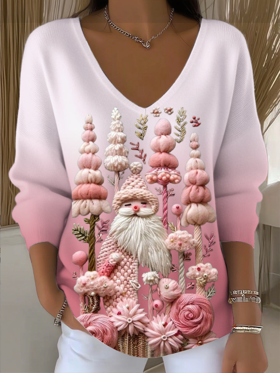 Pull Femme Noël Unique Rose Père Noël & Fleurs Col V