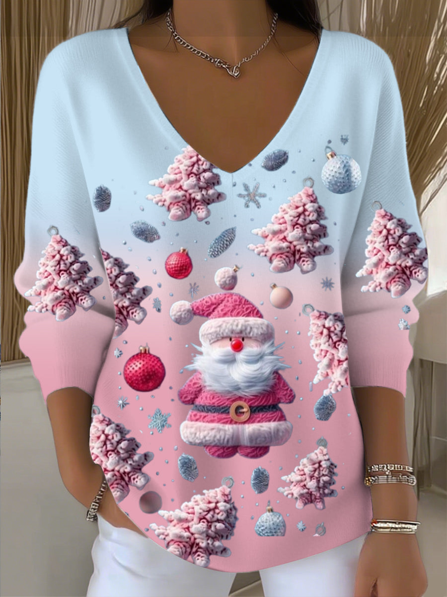 Pull Femme Noël Mignon Rose Père Noël & Arbre Col V