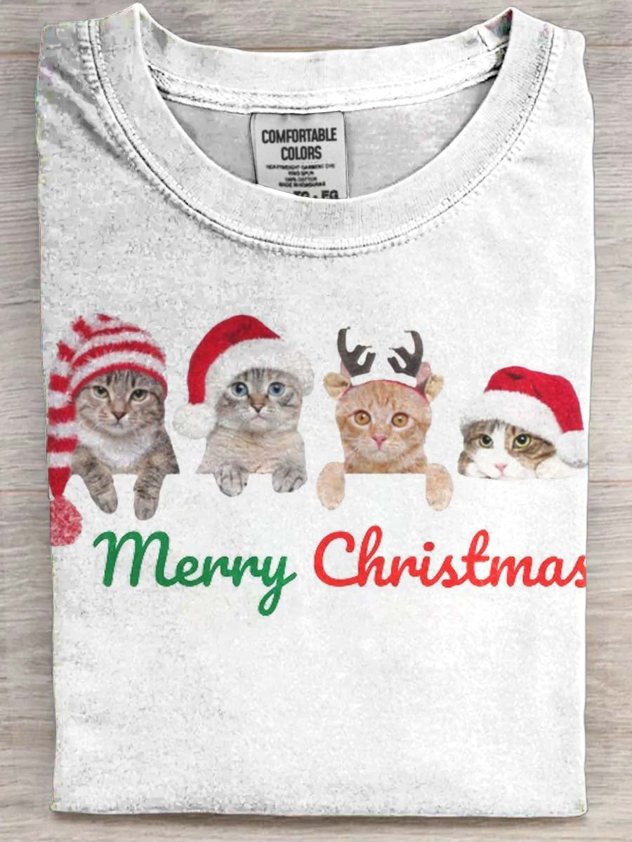 T-shirt Décontracté Chat de Noël Imprimé à Manches Courtes