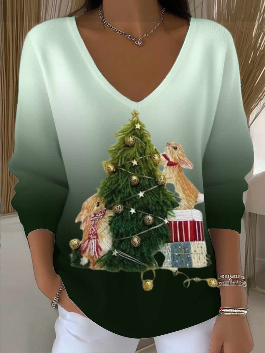 Chandail à col en V Charming Bunny & Christmas Tree Femme