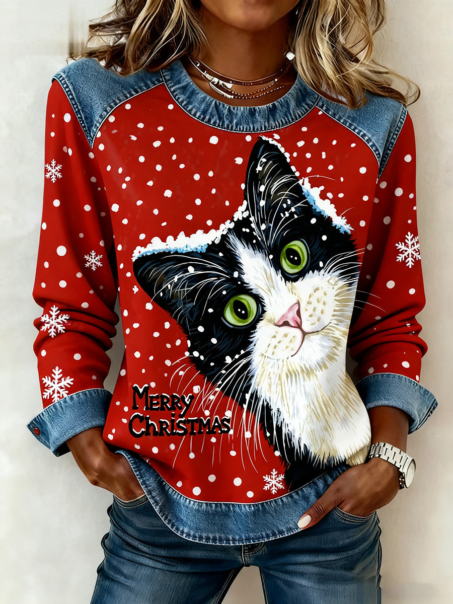 Les femmes de Noël Vintage Cat Denim Patchwork Sweatshirt