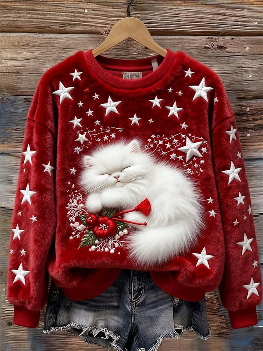 Noël Sleeping Fuzzy Cat Stars Art Sweat-shirt confortable en peluche pour femmes