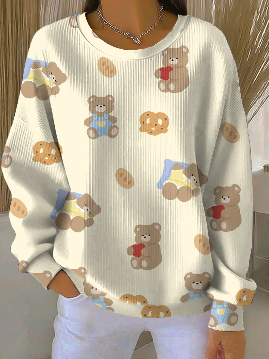 Adorable Bear & Cookie Print Sweatshirt Femme