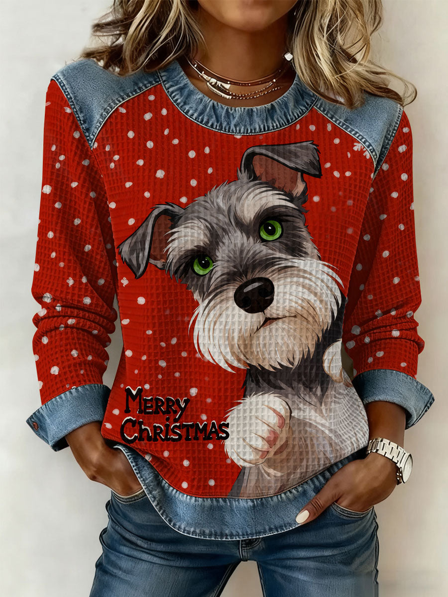 Les femmes de Noël Vintage chien Denim Patchwork Sweatshirt