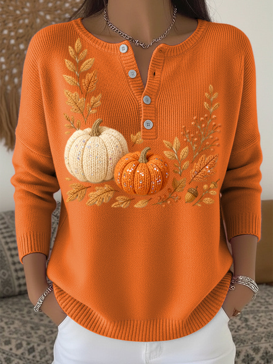 Pull à col en V à motif floral citrouille Thanksgiving pour femmes