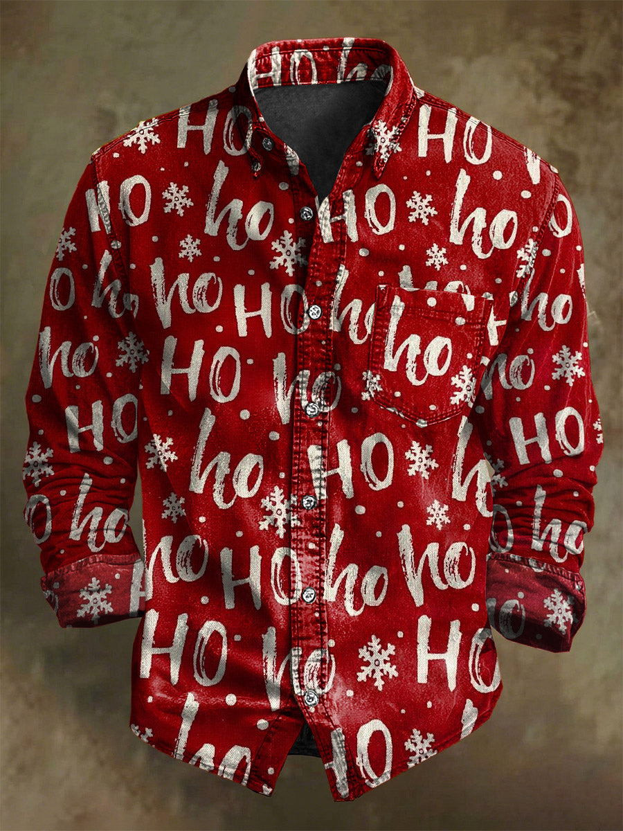 Chemise Décontractée Lettre de Noël Flocon de Neige Imprimé à Manches Longues