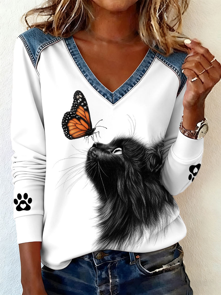 T-shirts à col en V Cat Lover pour femmes
