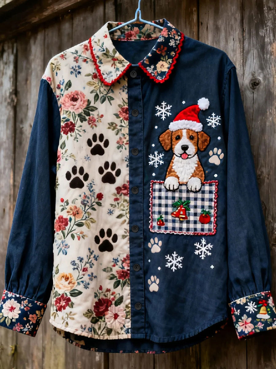 Chemise décontractée à imprimé chien de Noël pour femmes