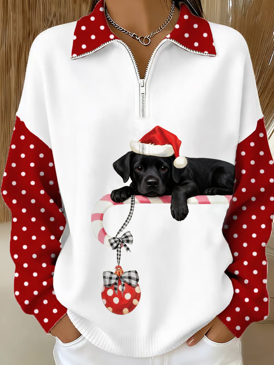 Sweat-shirt à fermeture éclair décontracté à imprimé chien mignon de Noël pour femmes