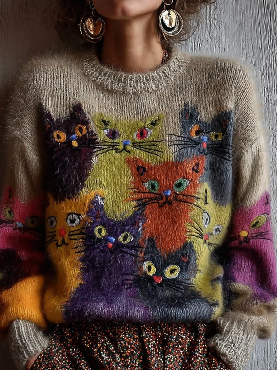 Pull décontracté confortable rétro imprimé Art animal pour femmes