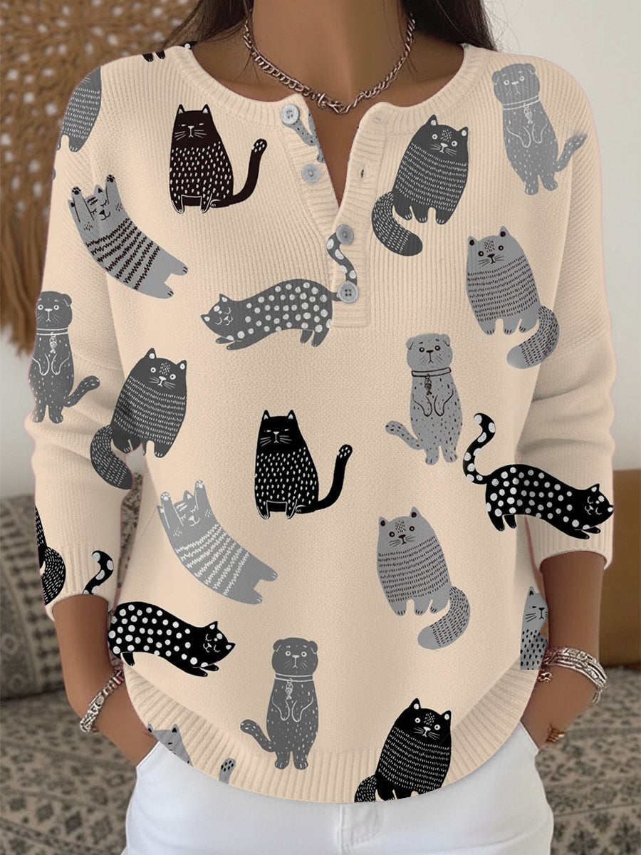 Pull Henley élégant à imprimé chat gris noir pour femmes
