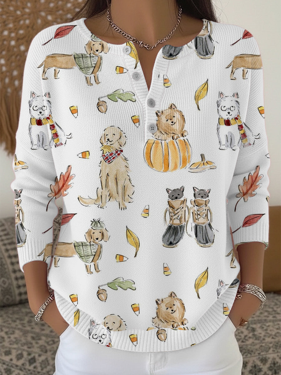 Chandail Henley Charming Pet & Autumn Print pour femme