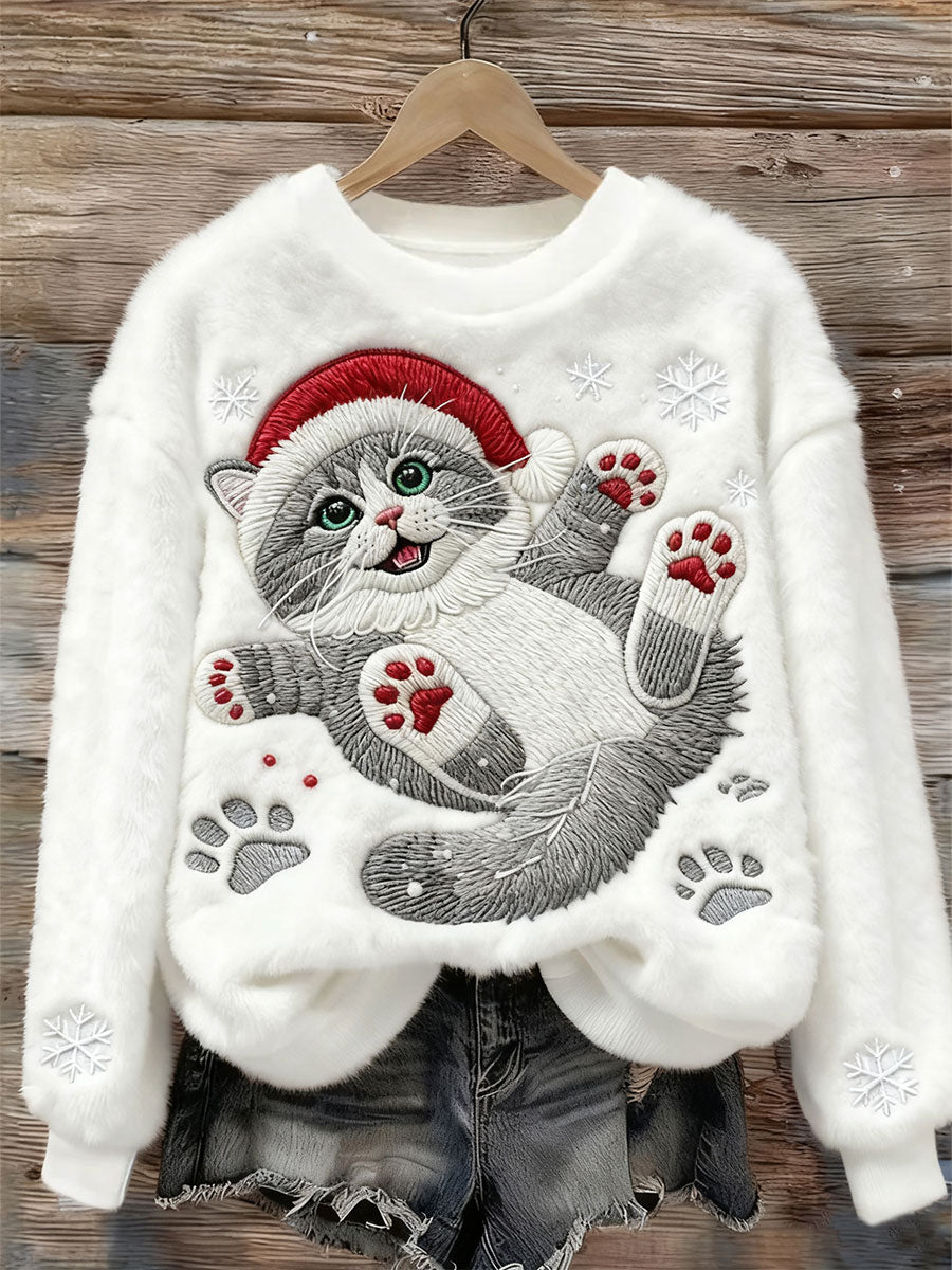 Mignon Noël Chat Art Imprimer Flanelle Casual Sweatshirt