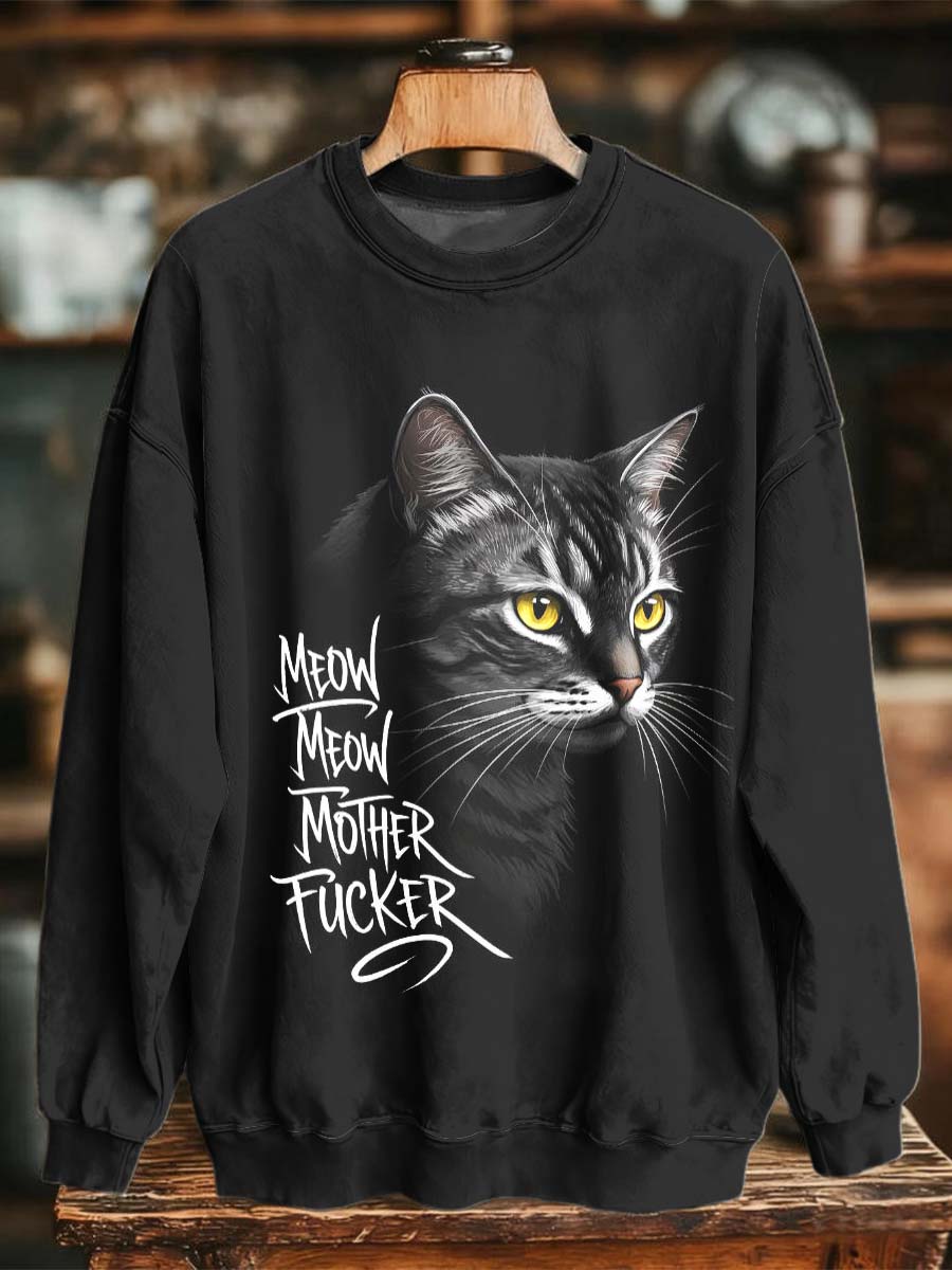 Sweat-shirt décontracté à col ras du cou imprimé chat drôle