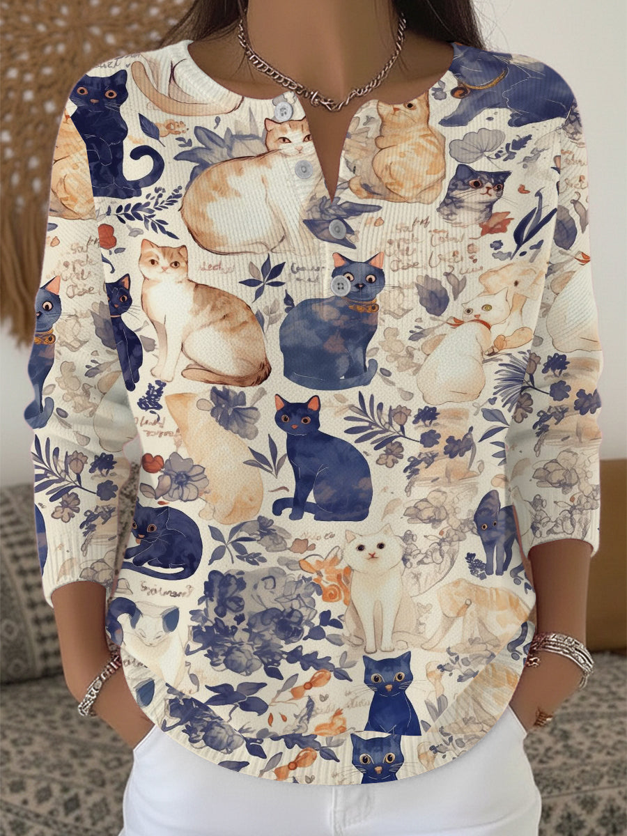 Chandail Henley Artistic Cat & Floral pour femme