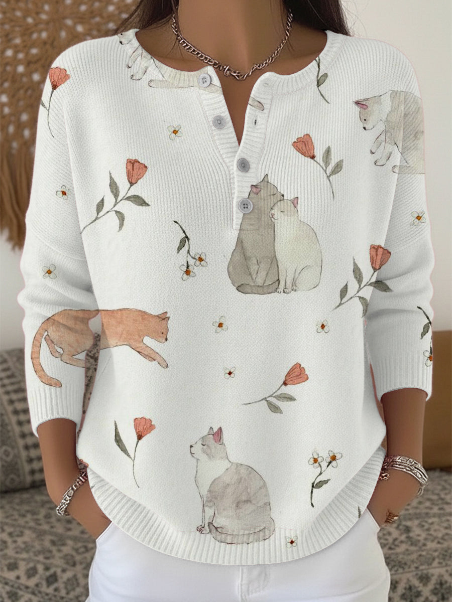 Pull Henley Femme Chat Romantique Et Imprimé Floral