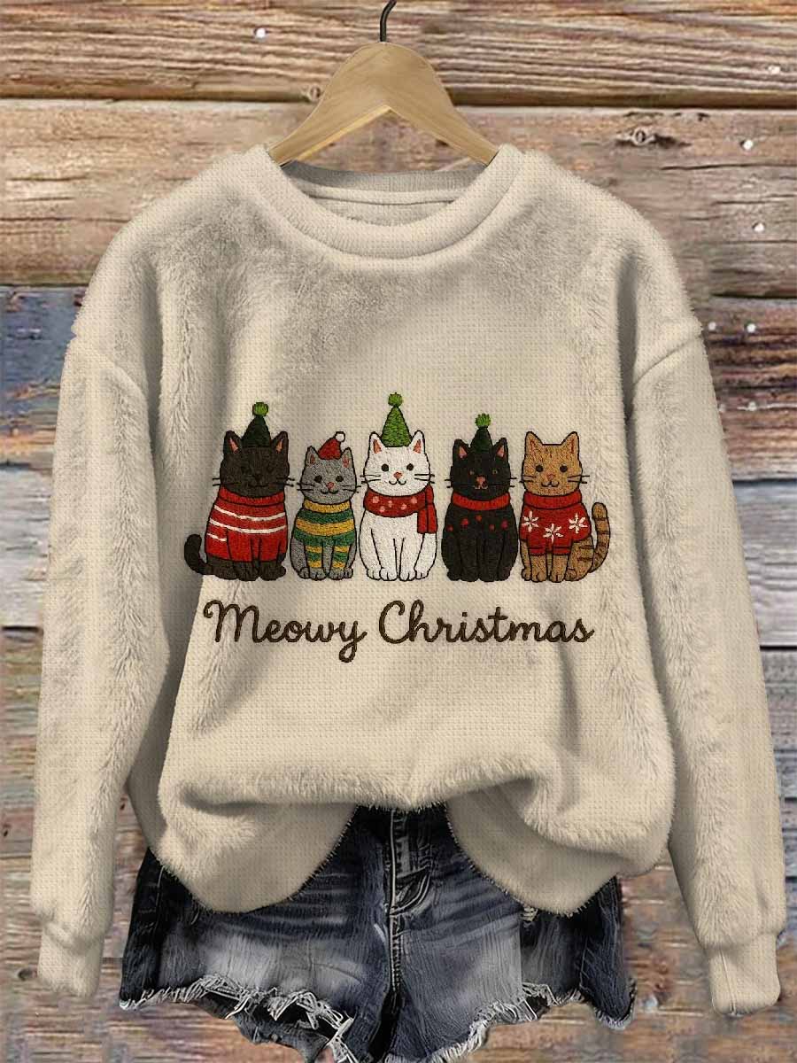 Sweat-shirt vintage à manches longues motif de chat de Noël