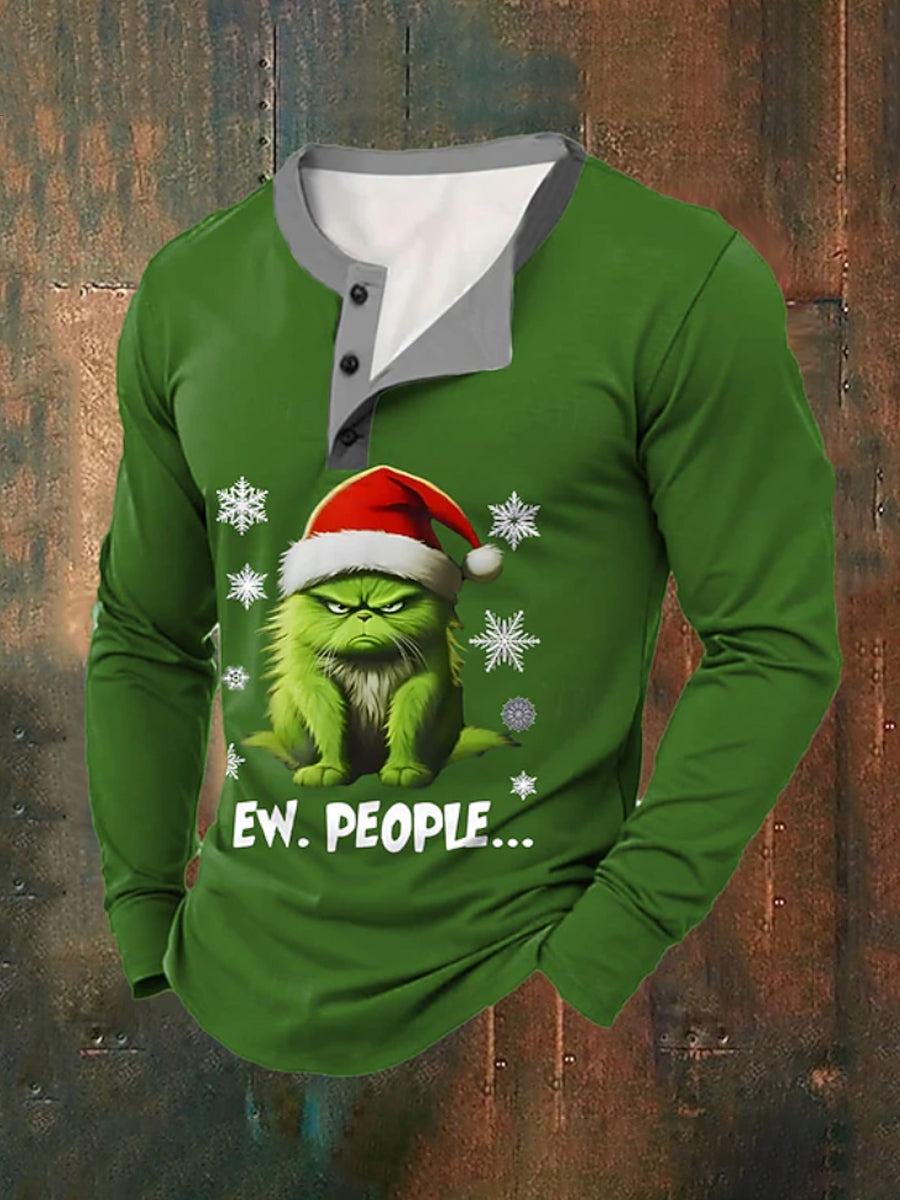 T-shirt à manches longues décontracté pour hommes Funny Christmas Cat Ew People