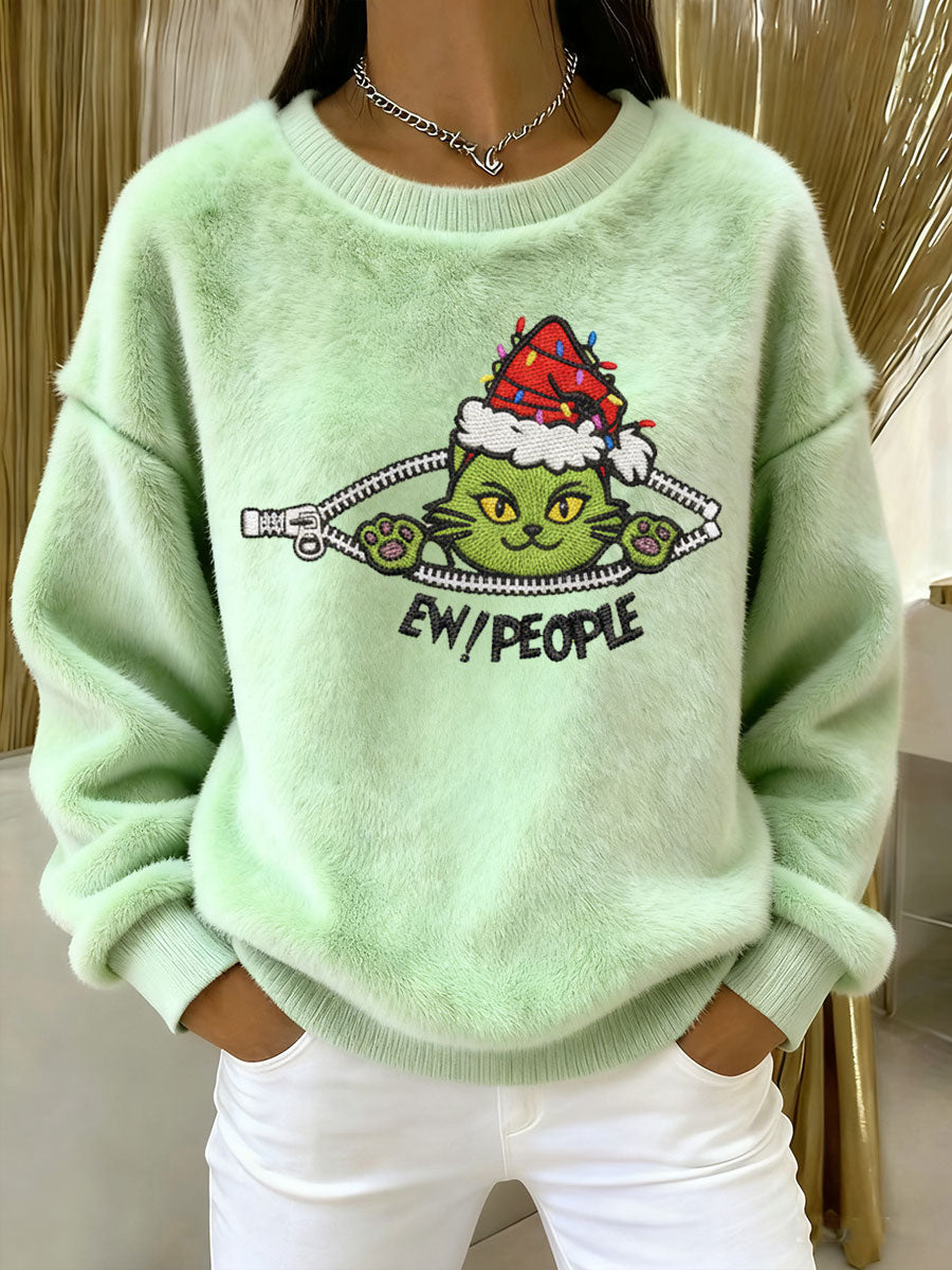 Sweat-shirt en peluche imprimé chat vert EW People pour femme