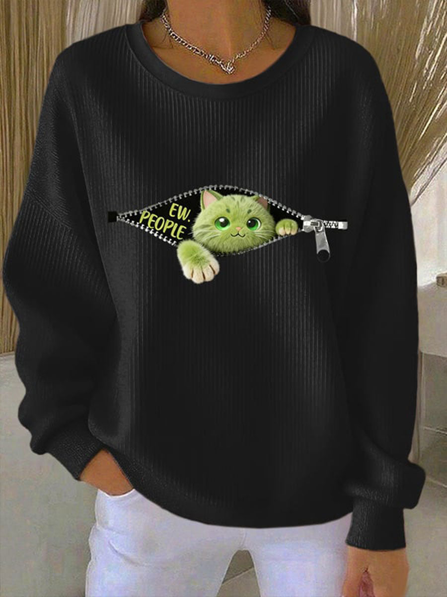 Sweat-shirt Femme EW People Vert Chat Côtelé Col Rond