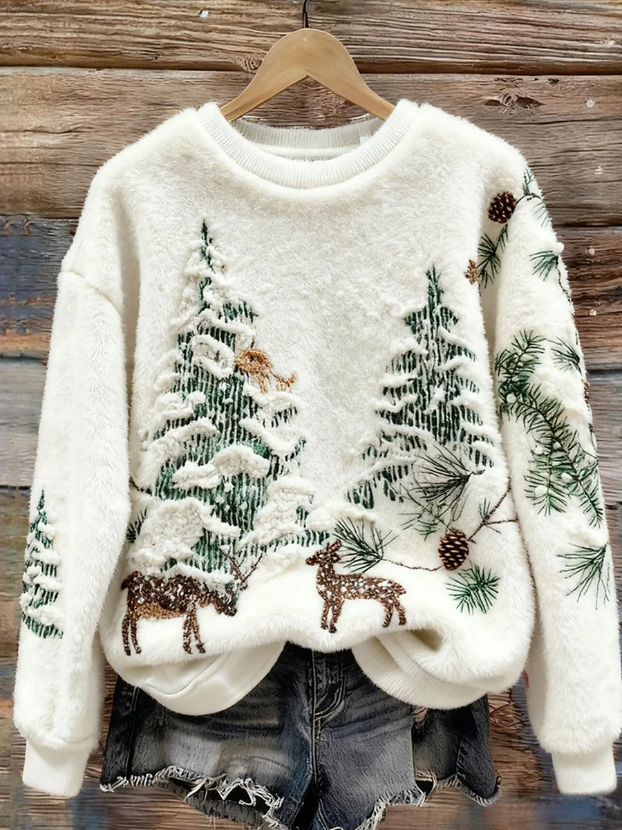 Pull décontracté en flanelle confortable à imprimé animal de Noël rétro pour femmes