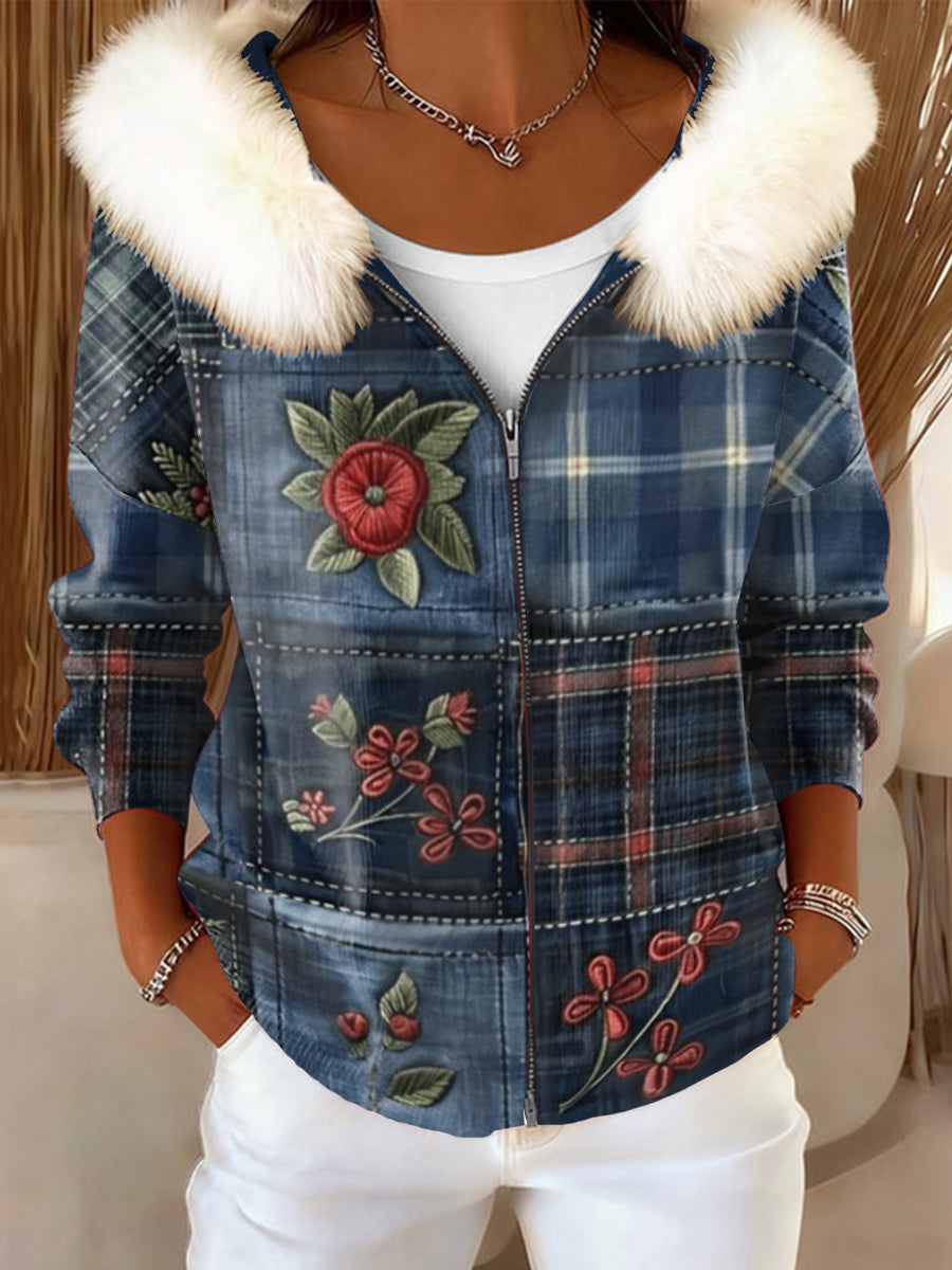 Veste à capuche Femme Floral Vintage Denim Bordée de Fourrure