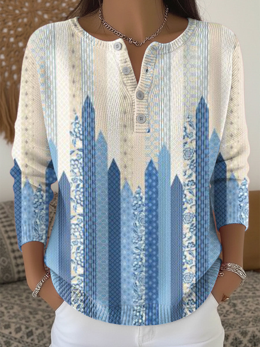Pull à col Henley pour femme Fresh Blue rayé