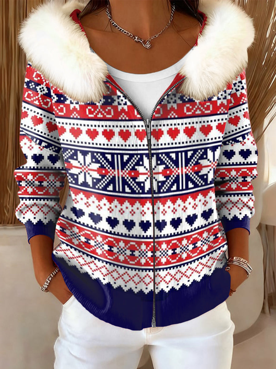 Veste à capuche décontractée femme à motifs rouges et bleus