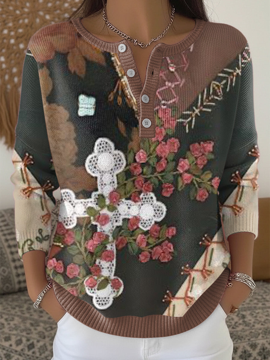 Pull à col Henley décontracté en dentelle pour femmes