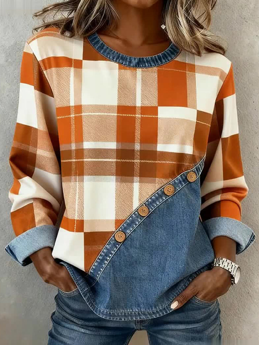 Automne Plaid Motif Patchwork Art Sweatshirt des femmes