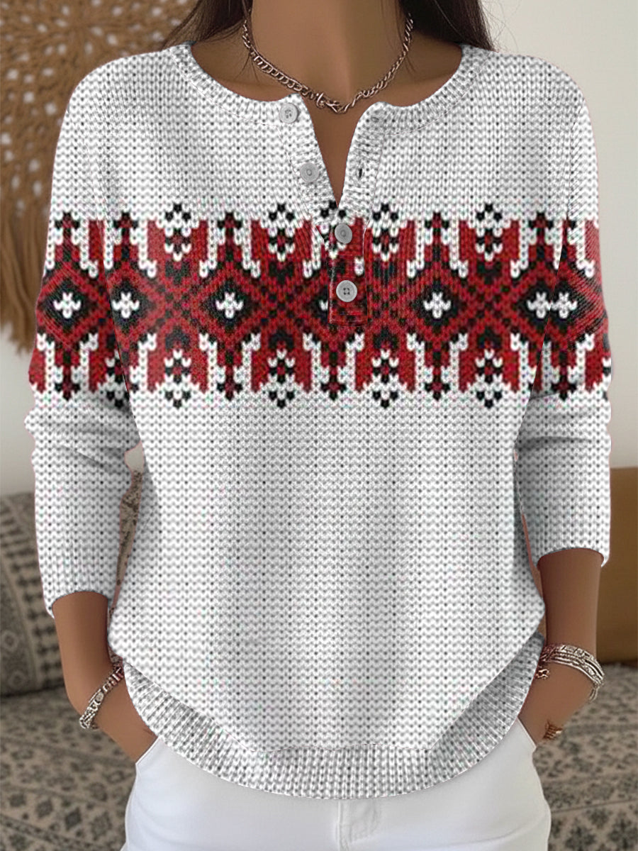 Pull décontracté femme col Henley blanc à fleurs