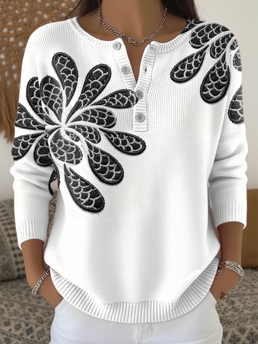 Pull décontracté à col Henley brodé Paisley pour femme