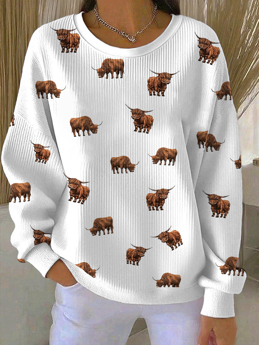 Sweatshirt à col rond côtelé Highland Cow Femme