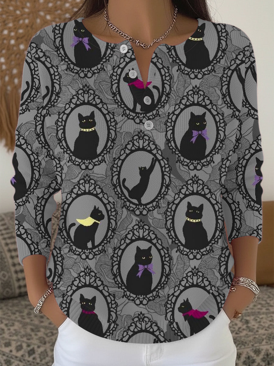 Pull Henley élégant à motif de chat noir pour femmes