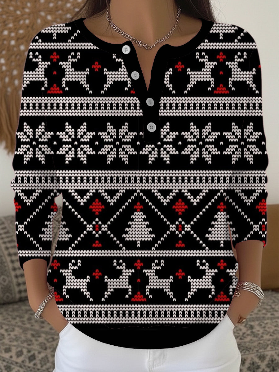 Chandail Henley à imprimé de Noël noir pour femmes