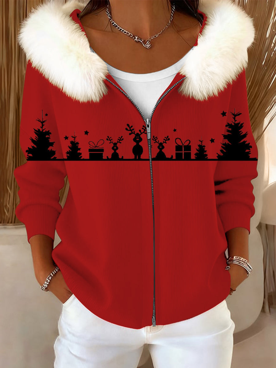 Veste Femme Rouge À Imprimé Scène De Noël Col En Fourrure