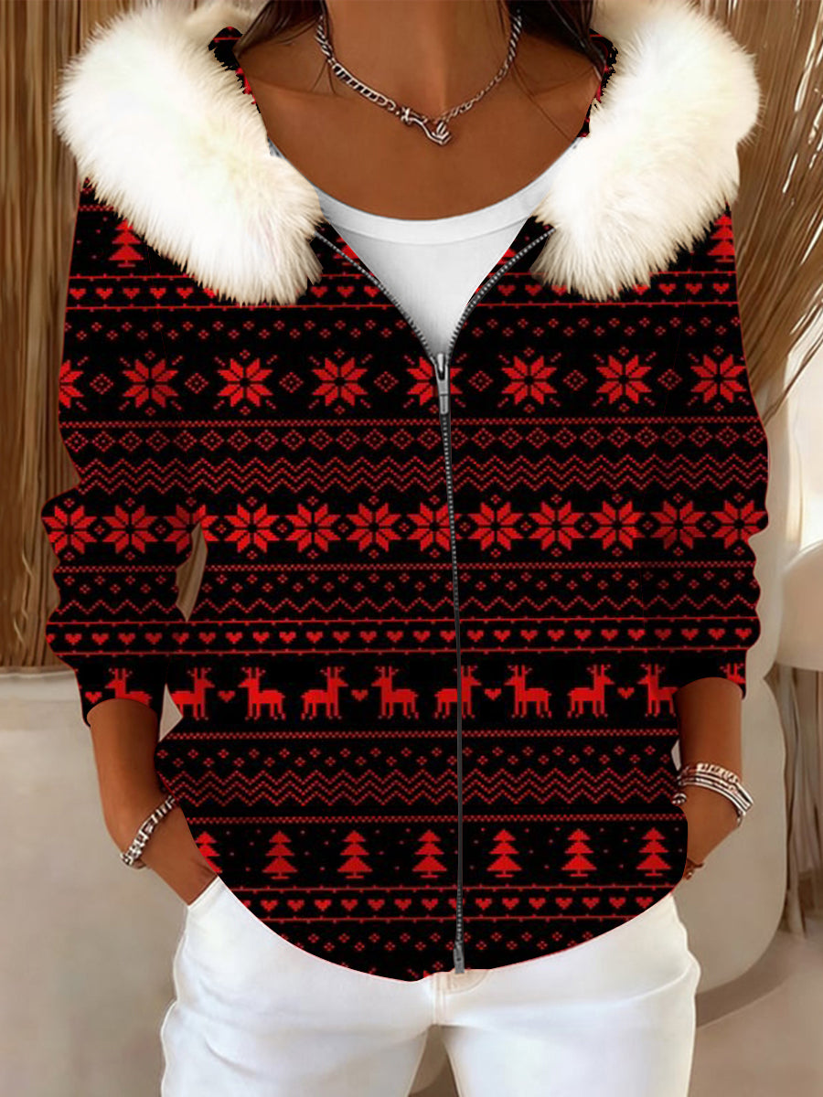Femmes Chirstmas Élégant Rouge Flocon De Neige Renne Col De Fourrure Manteau